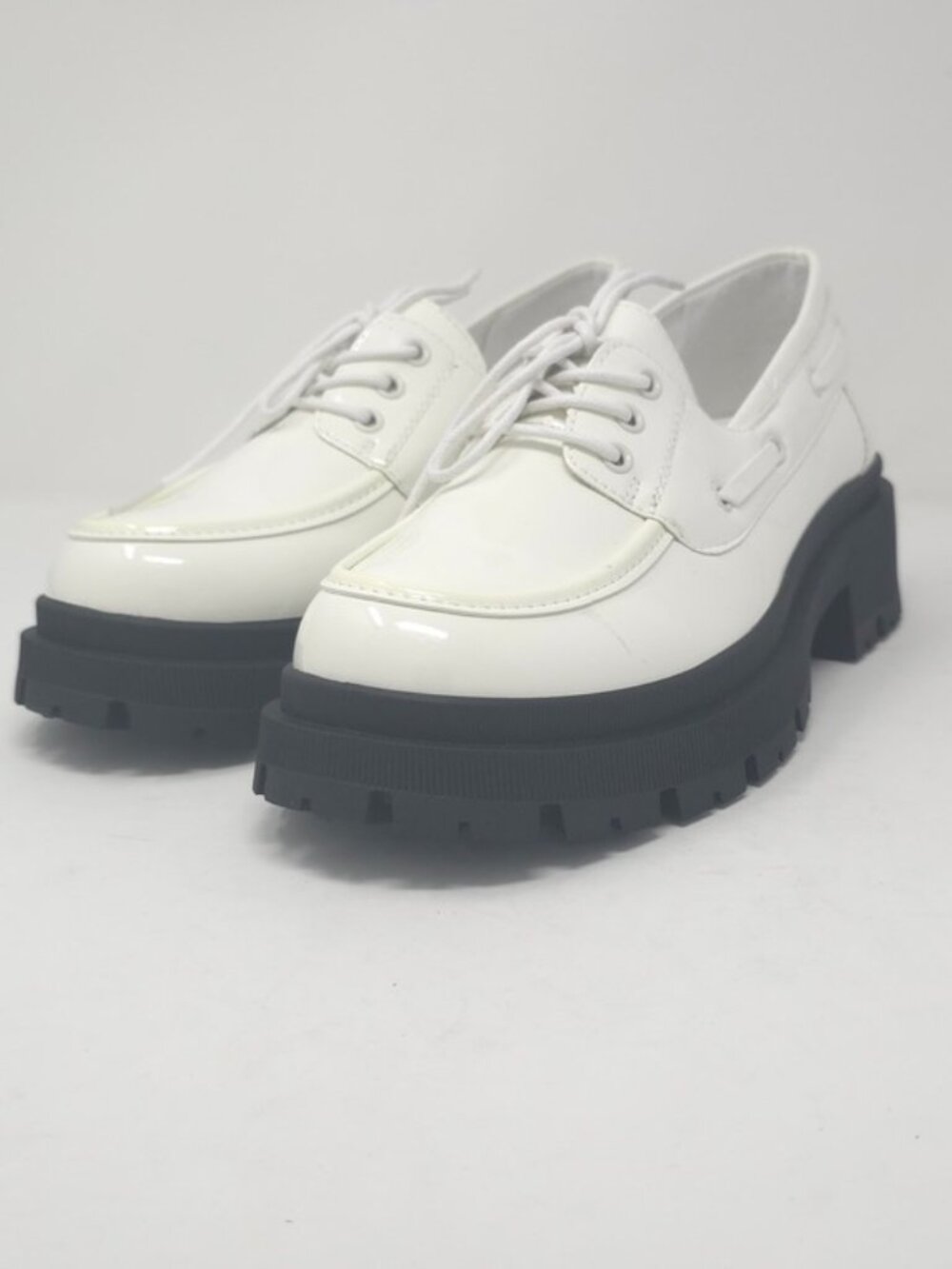 Chunky Lug Sole White Patent Oxfords Faux Leather